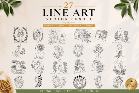 Download 27 Women Floral Line Art Bundle - Line art Collection