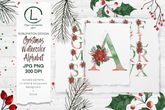 Download Christmas Watercolor Alphabet PNG JPG - Premium Bundle